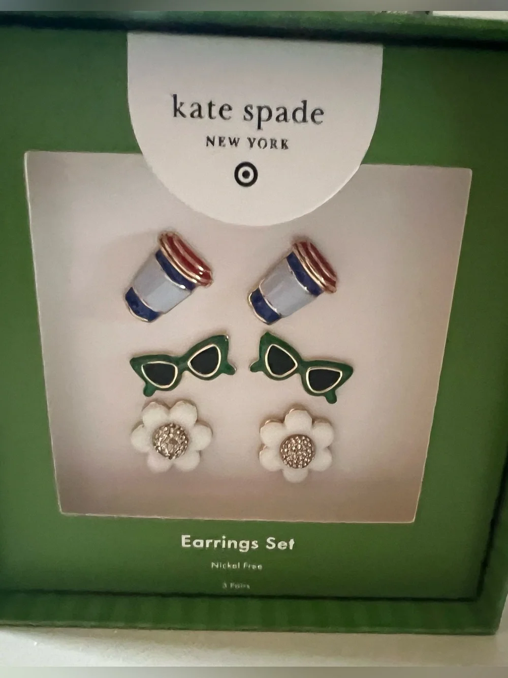 kate spade Kids Green Sunglass, White Flower & Blue Coffee Cup Earring Set